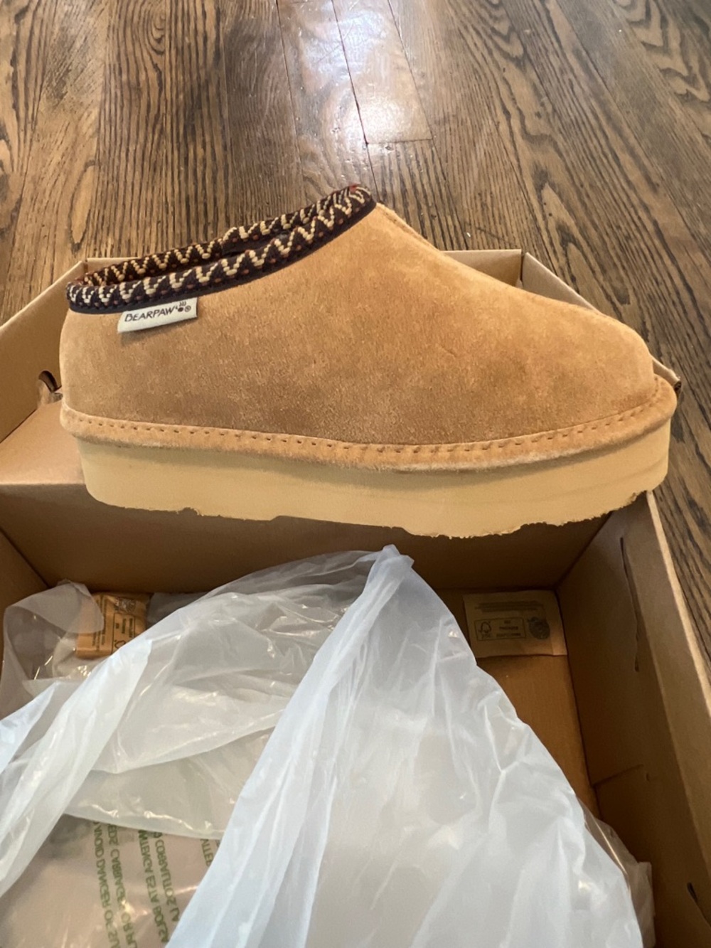 BearPaw Kids Tan Suede Moccasin Slippers with Knit Collar